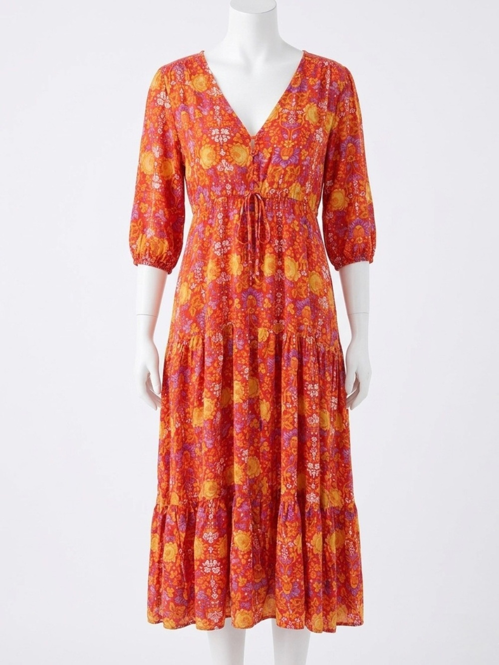 Abel The Label Anthropologie Boho Floral Tiered Midi Maxi Dress OrangeYellow - M
